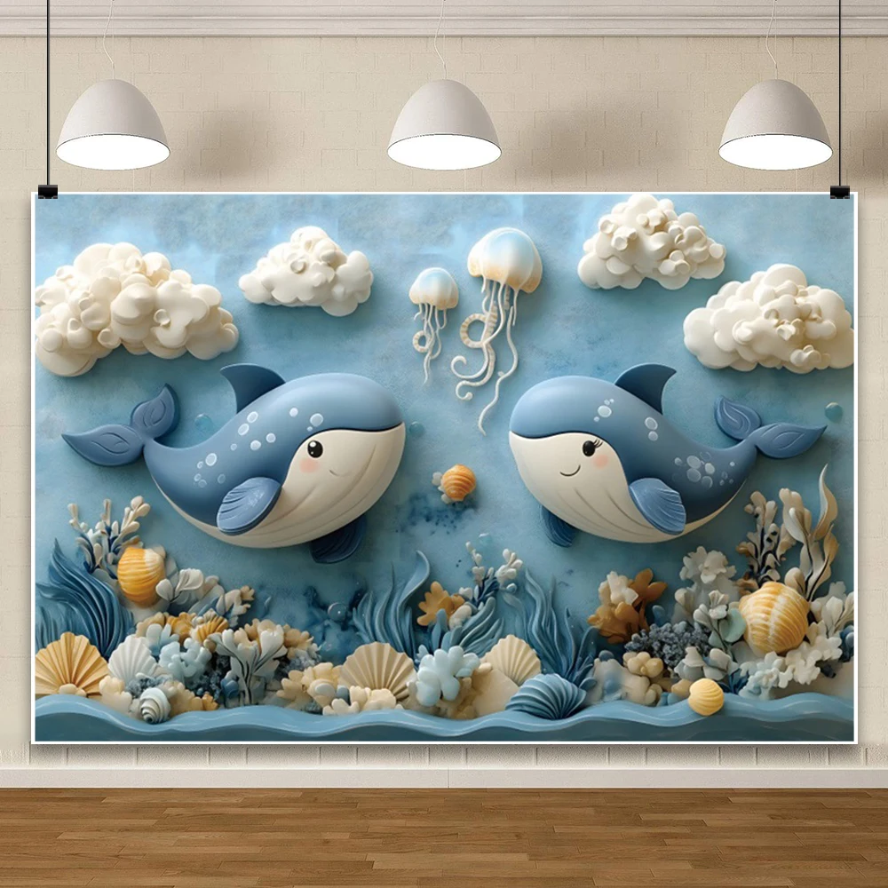 Toile de fond de photographie de baleine du monde sous-marin 3D, toile de fond, jonc de mer, poisson, portrait d'anniversaire d'enfants, toile de fond de douche de bébé, studio photo