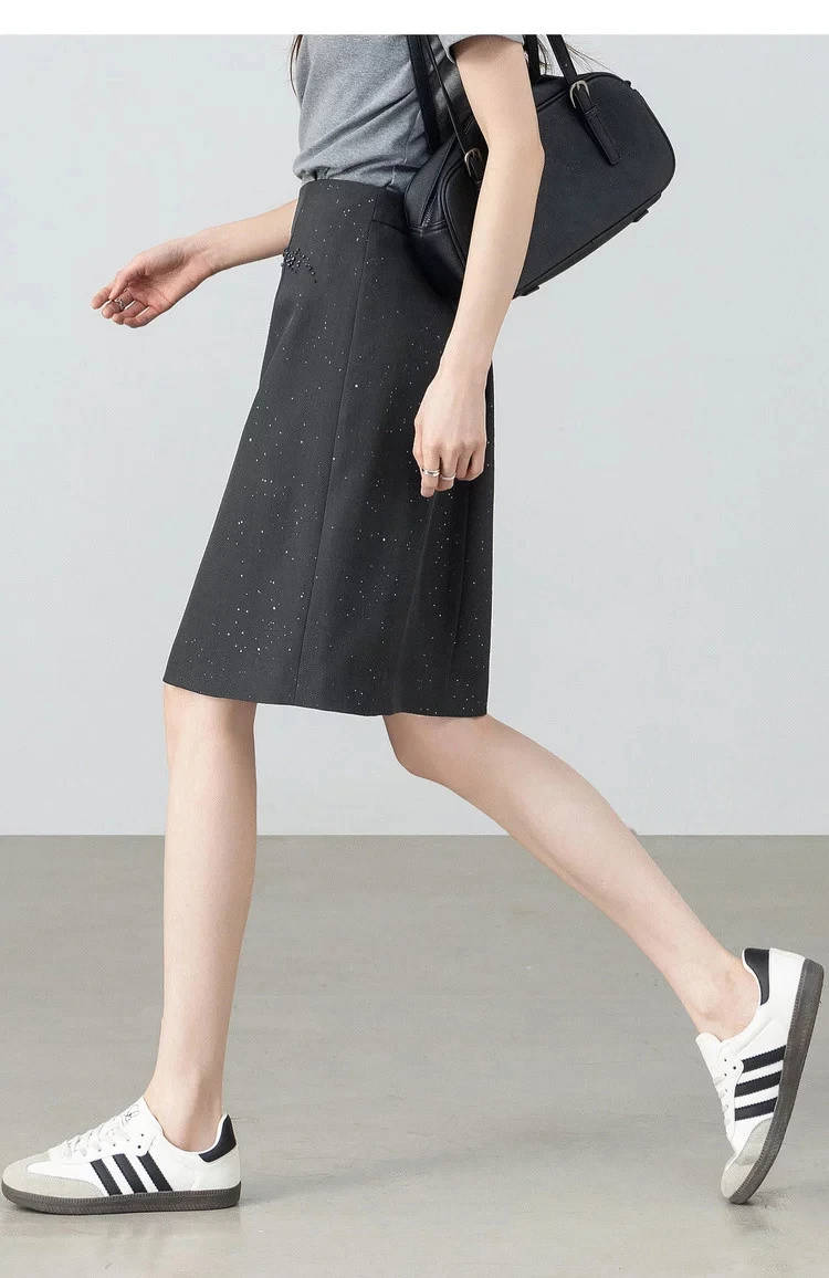 SENTUBILA Damen Schwarzer Gerader Rock 2026 Sommer Eleganter Modischer Perlenstickerei Silber Schimmernder Büro-Rock 162QF6640 – Detail 20