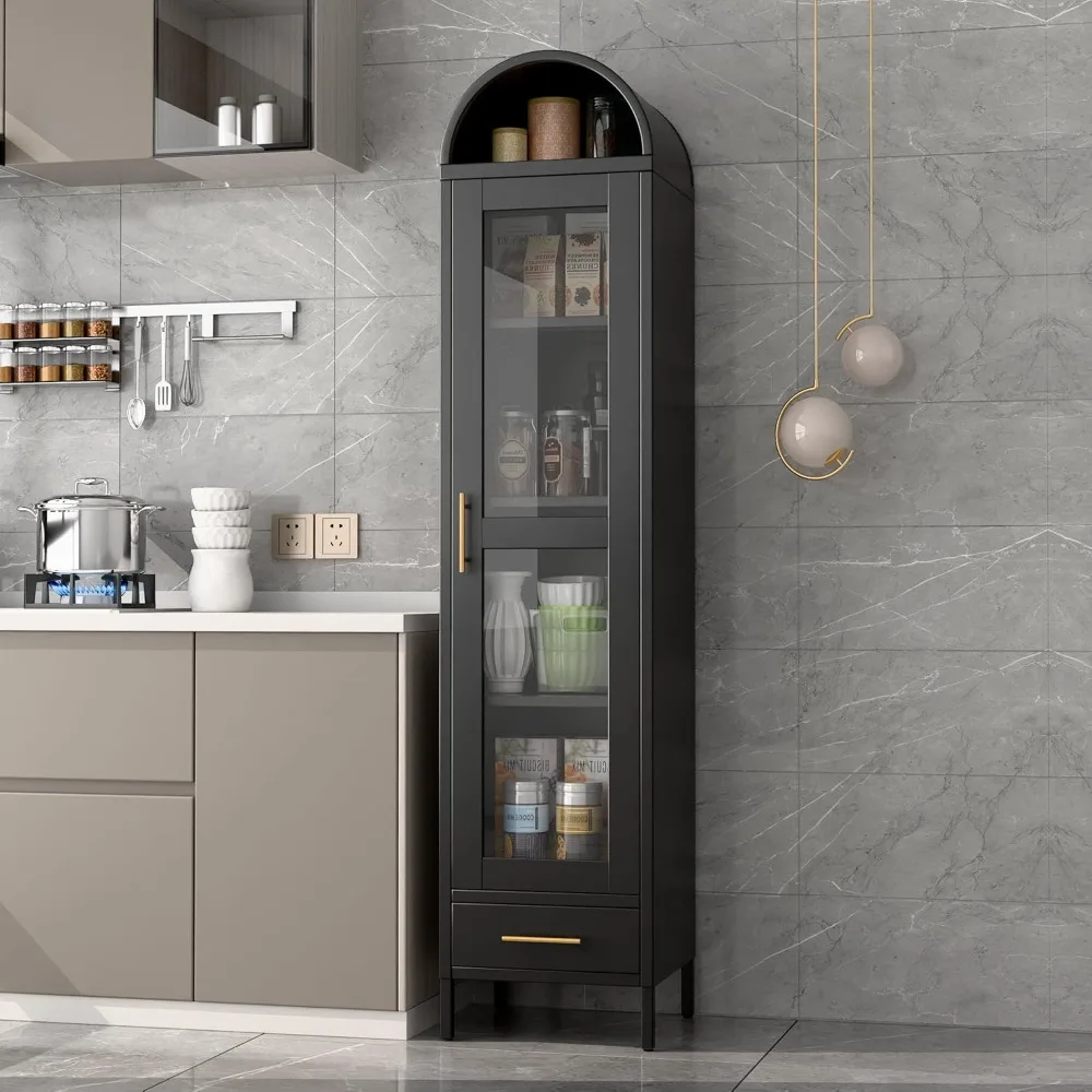 Большой металлический арочный шкаф для хранения со стеклянными дверцами, полками и ящиком для гостиной и кухни