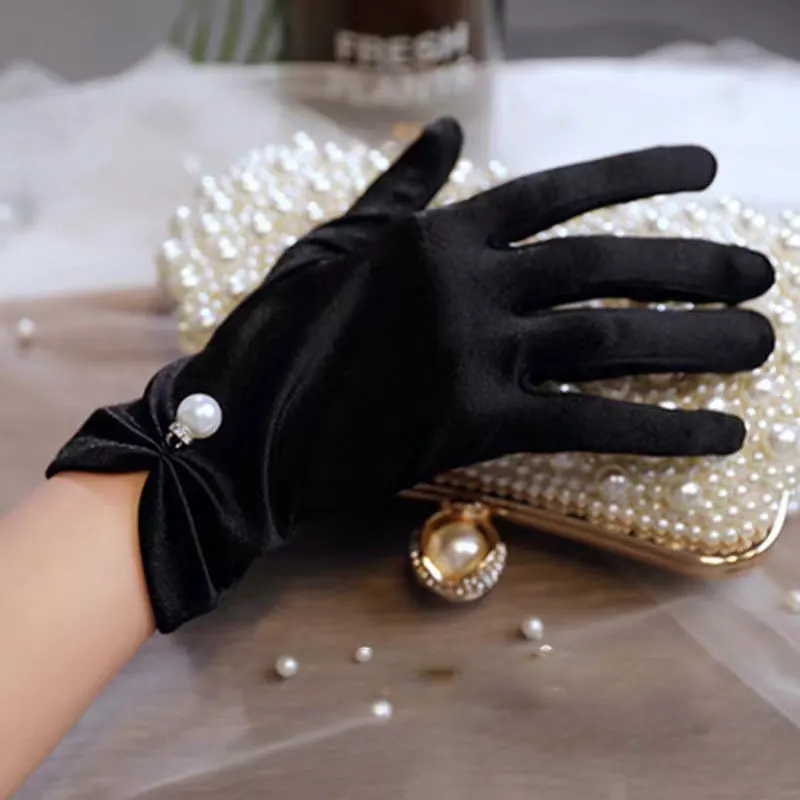 Guantes cortos de dedo completo con perlas de satén para mujer, mitones elásticos Anti-uv, protector solar, accesorios para vestido de novia, moda