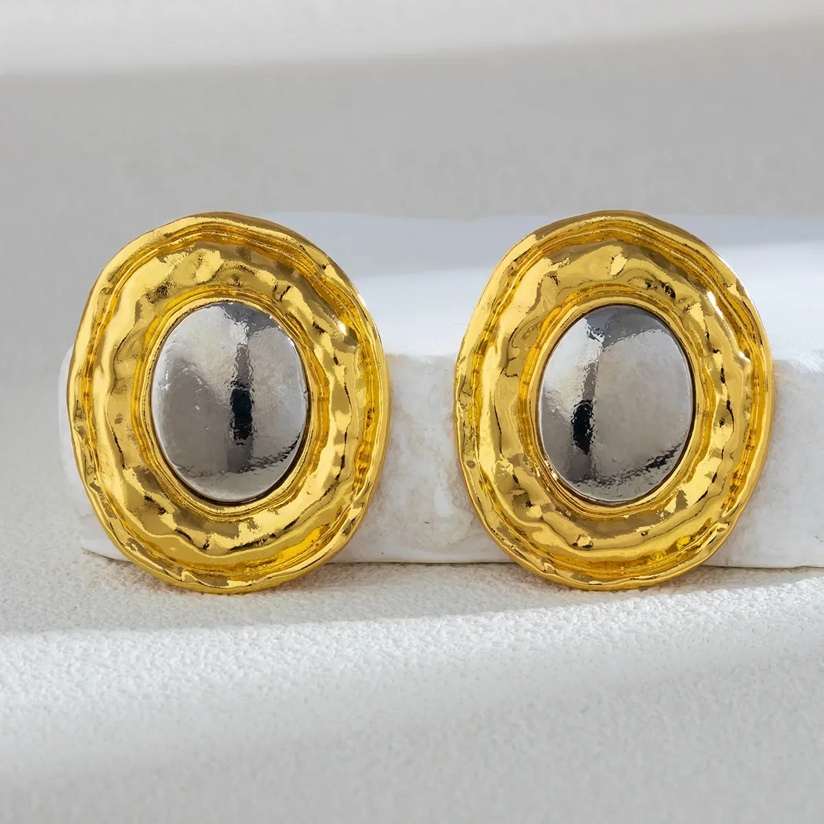 Personality Hip Hop Style Chunky Oval Large Stainless Steel Dangle Earrings Rock Golden Silver Color Metal Glossy Hammered Hoops