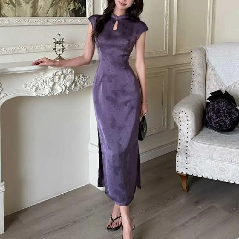 

2025 New Chinese Stye Satin Dress Women Improved Qipao Summer New Long Vestidos Robe Gown Slit Chesongam Jacquard Flower