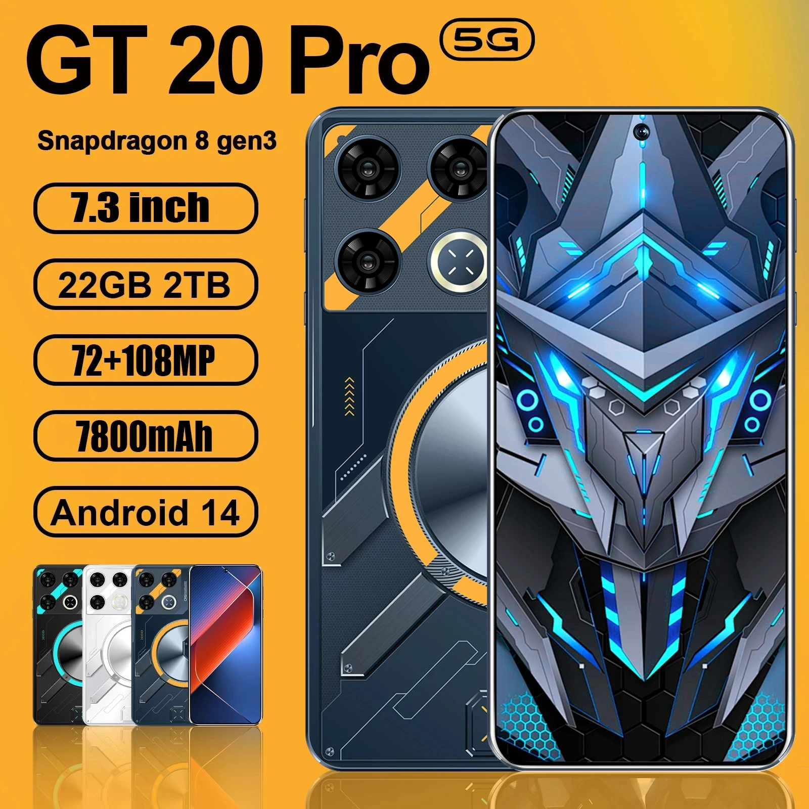 هاتف ذكي جديد GT20 Pro الإصدار العالمي للهاتف المحمول 16GB + 1T 7.3 بوصة HD + Android 14 7800mAh 4G/5G Snapdragon 8 gen3 108MP هاتف محمول