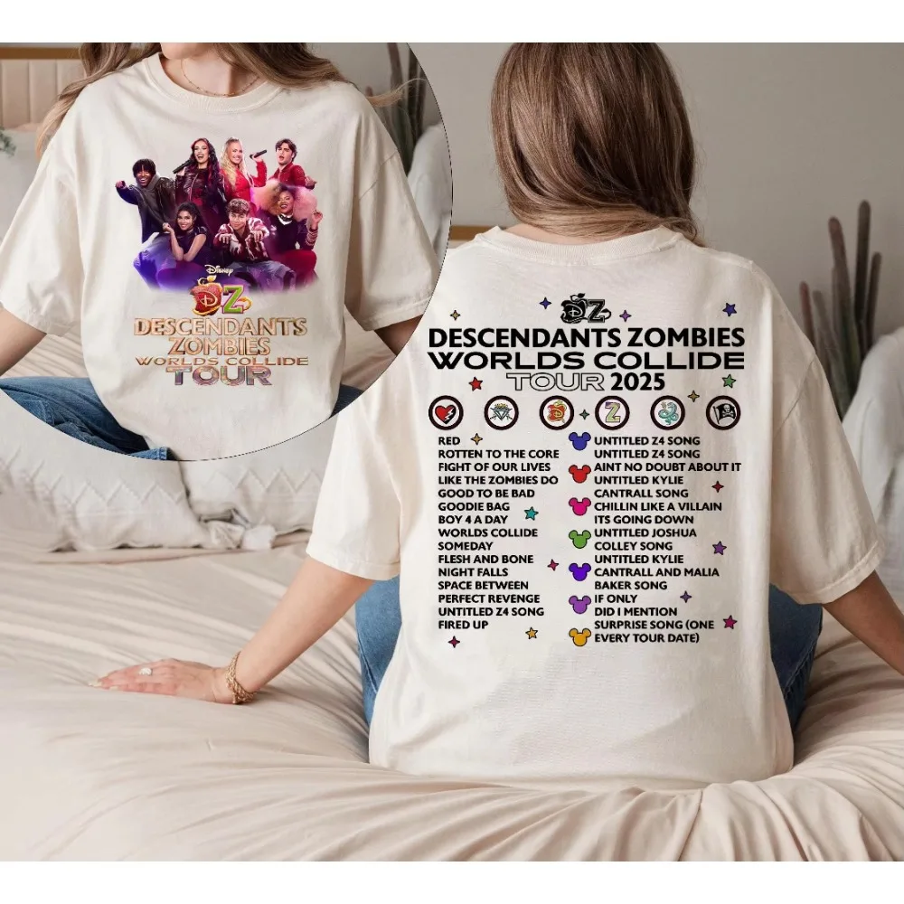 قميص ديزني 2-Sided Descendants Zombies World Tour للسيدات قميص ديزني صعود الشخصيات الحمراء تي شيرت Gen-Z ملابس مهرجان الحفل الصيفي