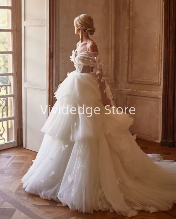 

Customized Fantasy White Strapless Wedding Dresses Butterfly Applique Luxury Bridal Gowns vestidos de novia de talla grande