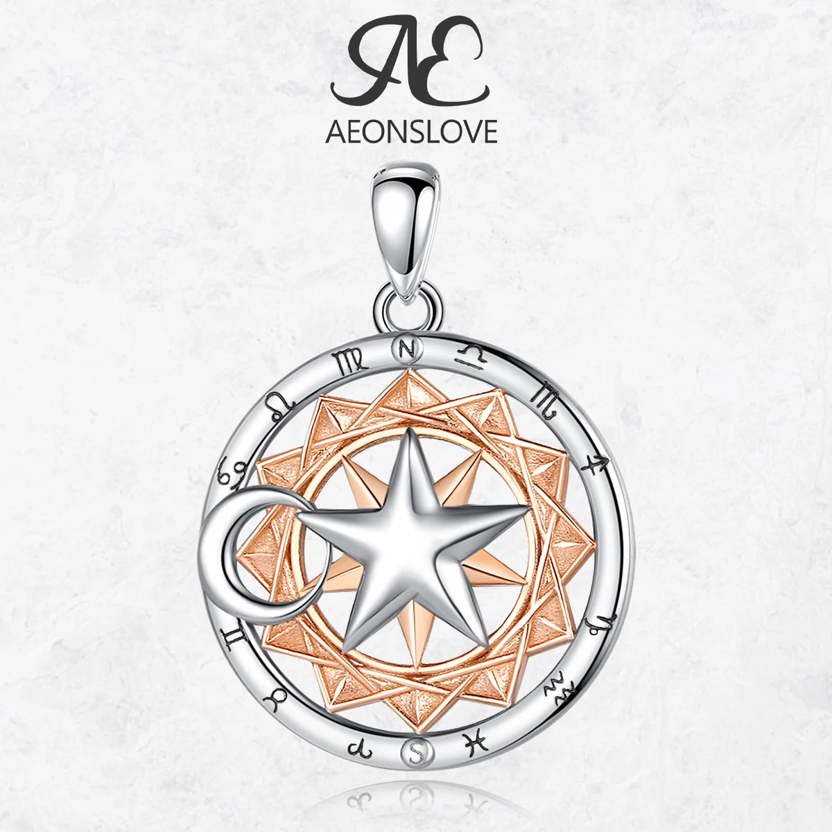 AEONSLOVE 925 Sterling Silver Moon Star Sun Wheel Pendant 12 Zodiac Signs Necklace Mystical Jewelry Personalized Gifts Unisex
