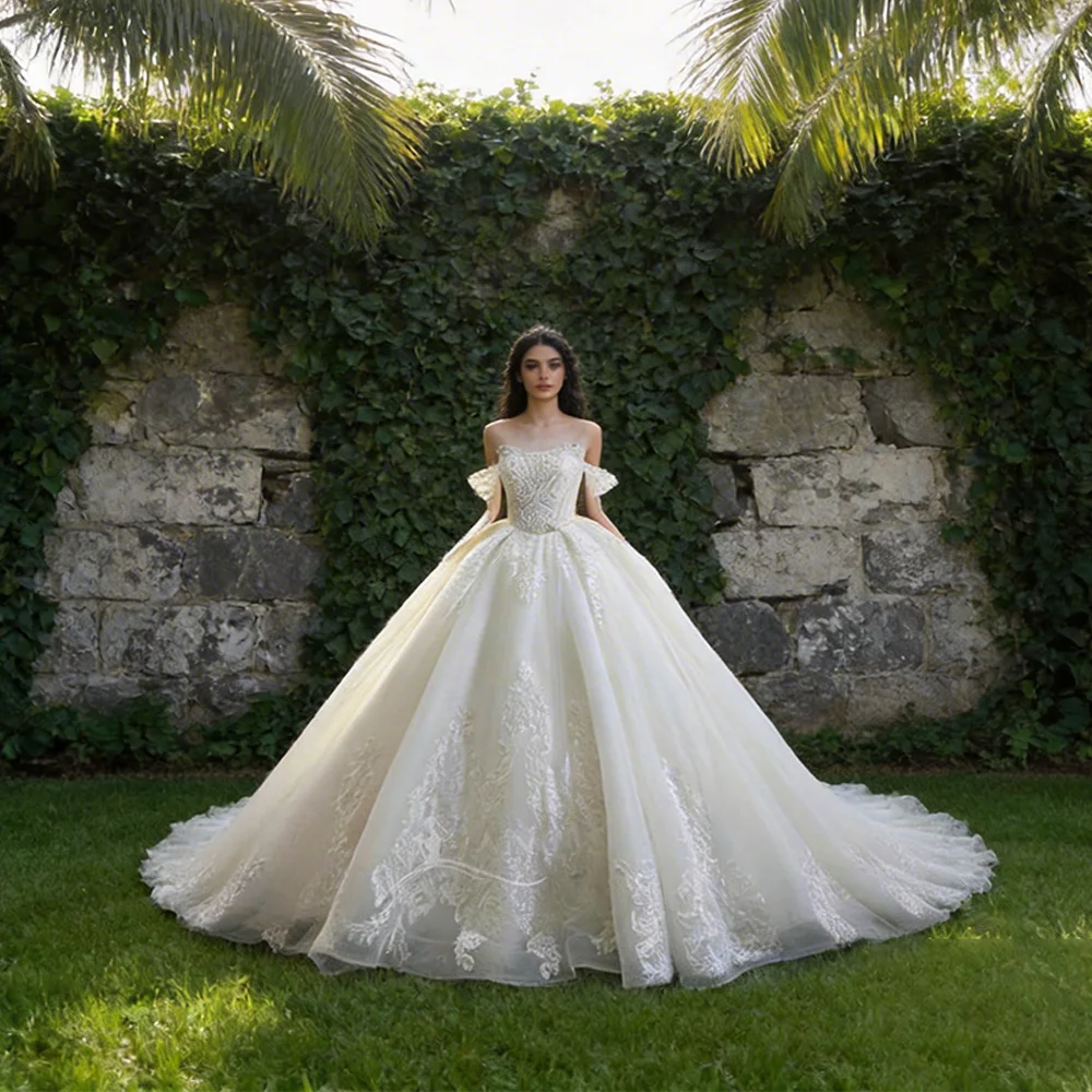 

Свадебное платье-баллон цвета шампань с открытыми плечами 2026, элегантное кружевное свадебное платье больших размеров с длинными рукавами, Vestido De Novia, на заказ