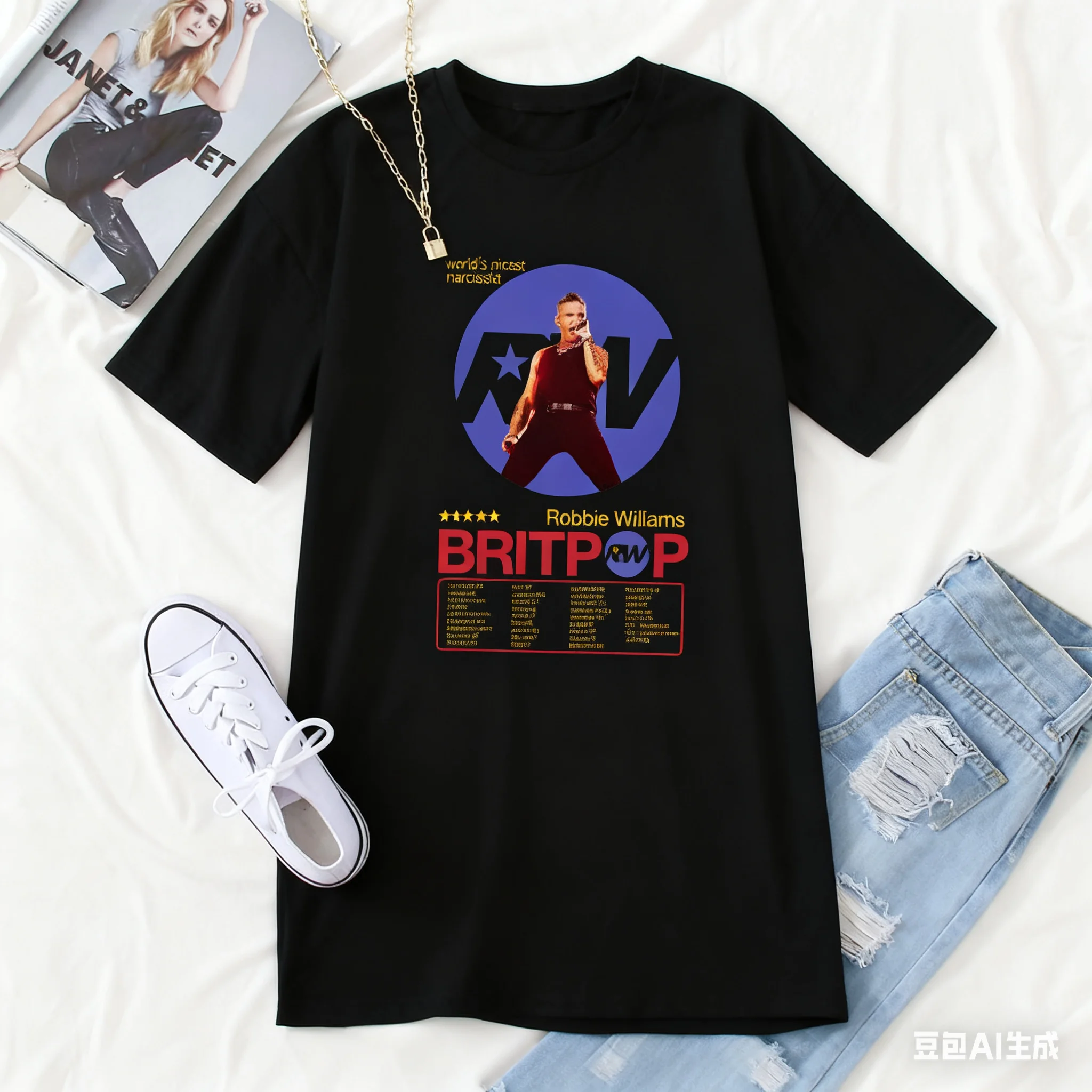 

Robbie Williams British Pop Music Tour in 2025 Men and Women of Pure Cotton T-shirt Shirt Fashionable Woman Rob Fans