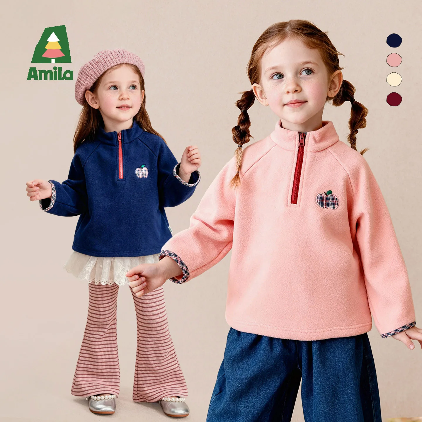 Amila 2026 Autumn New Kids Stand Collar Sweatshirt Vintage Patch Embroidery Color Block Cute Playful Daily Versatile Top