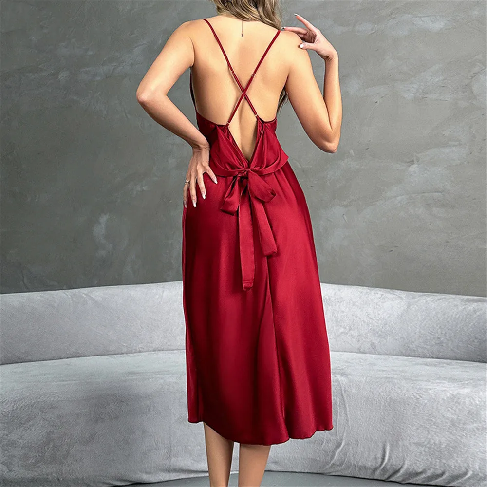 

Burgundy Suspender Nightgown Sexy Women Sleepwear Nightdress Loose Casual Ice Silk Homewear