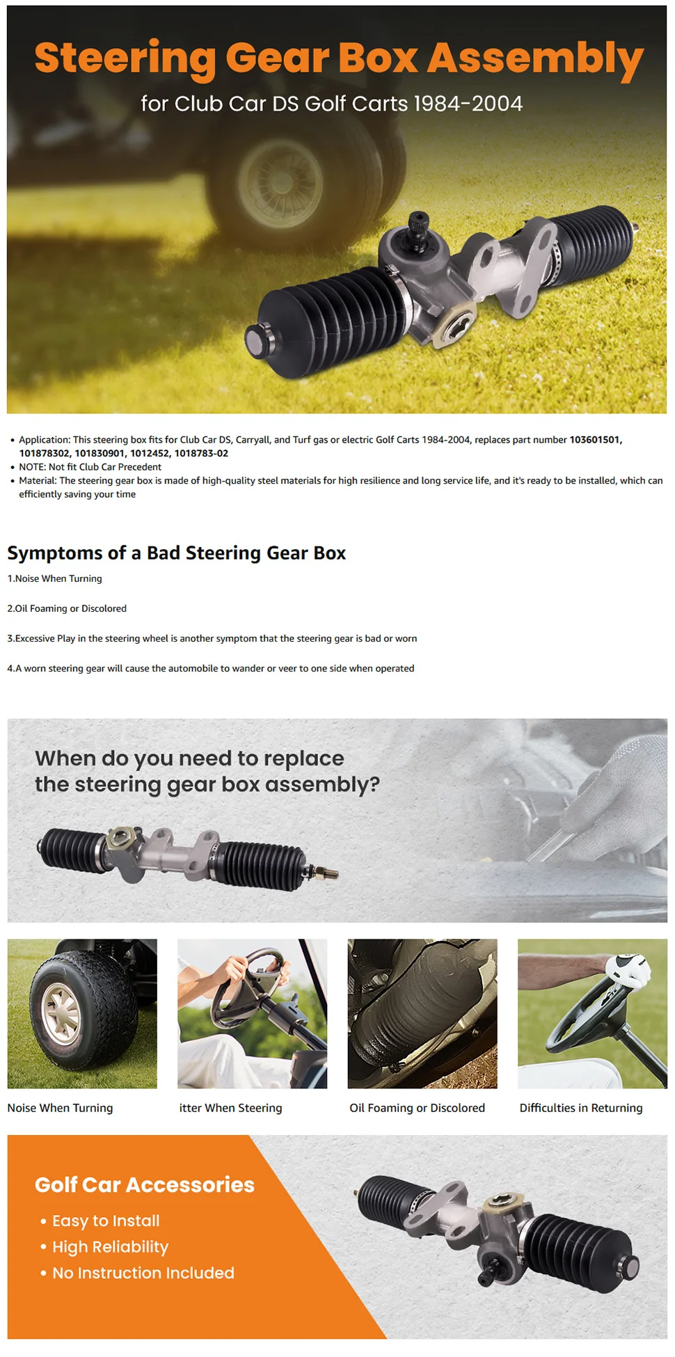 Steering Gear Box Assembly Fit for Club Car Golf Cart 84-2004 103601501 101878302 103601501 101830901