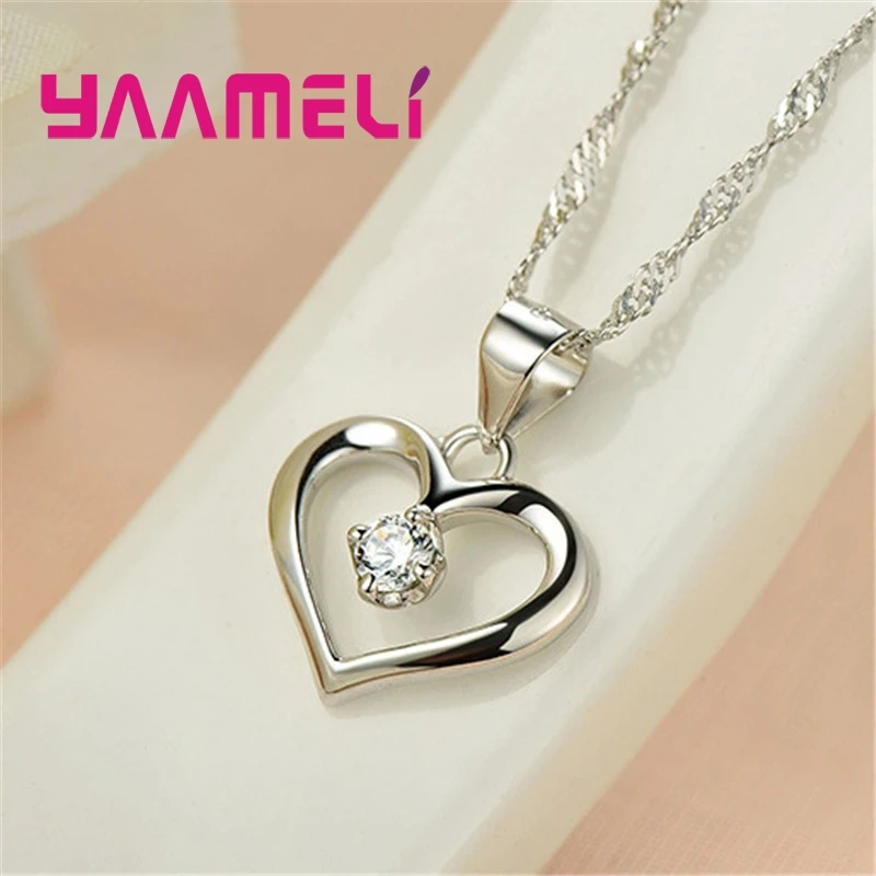 Romantic 925 Sterling Silver Heart Shape Crystal Cubic Zircon Pendant Necklaces for Women Girls Engagement Party Jewelry Gifts