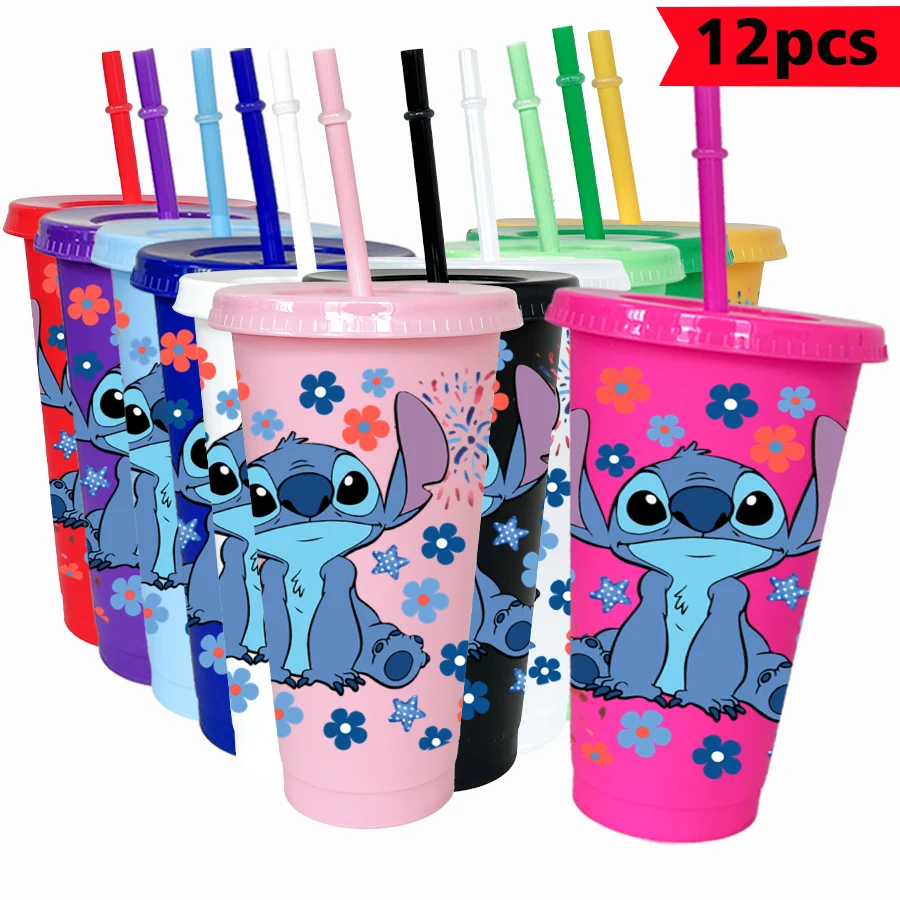 

12 шт./упак. Disney Stitch Flowers 26 унций цветной пластиковый стакан для дня рождения, питьевая посуда, кружка для сока, кофе