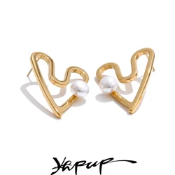 Yhpup Stainless Steel Heart Hollow Chic Stud Earrings with High Quality Imitation Pearl Real Gold PVD Plated Waterproof Jewelry