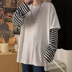 2024 Spring Casual Fake 2 Pieces Striped Long Sleeve T Shirts Patchwork T-shirt Daily Loose Tees Tops Teenagers Streetwear