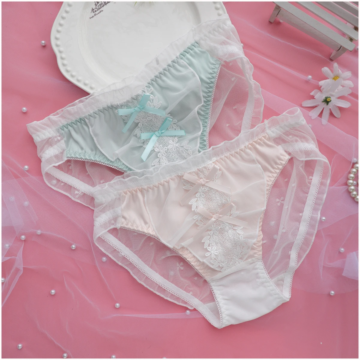 Fresh water-soluble college style underwear girls sweet and cute lingerie briefs three buckle gathered ladies bra set