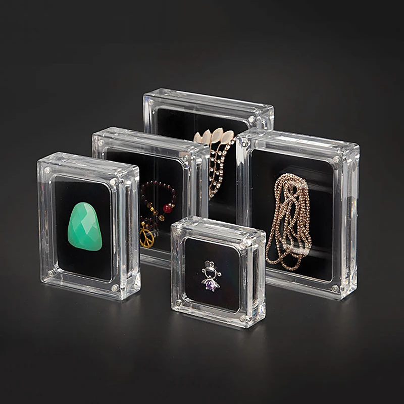 Acrylic Transparent Gem Box White & Black Showcase Gemstone Casket Diamond Display Stand Holder Necklace Storage Organizer Case