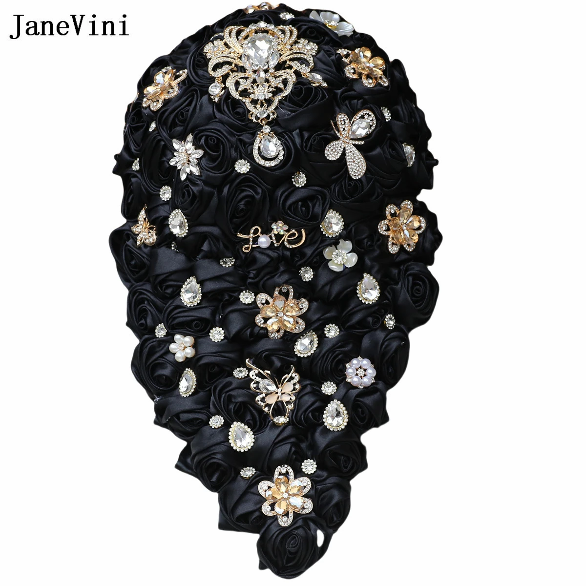 JaneVini Luxury Golden Diamond Waterfall Bridal Bouquets Black Cascading Flowers Ribbon Roses Bride Bouquet Wedding Accessories