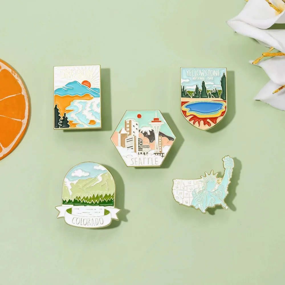 Scenic Spot Enamel Pin Statue of Liberty Yellowstone Seattle and Colorado Brooches Scenery Lapel Badges Gift for Friend Jewelry