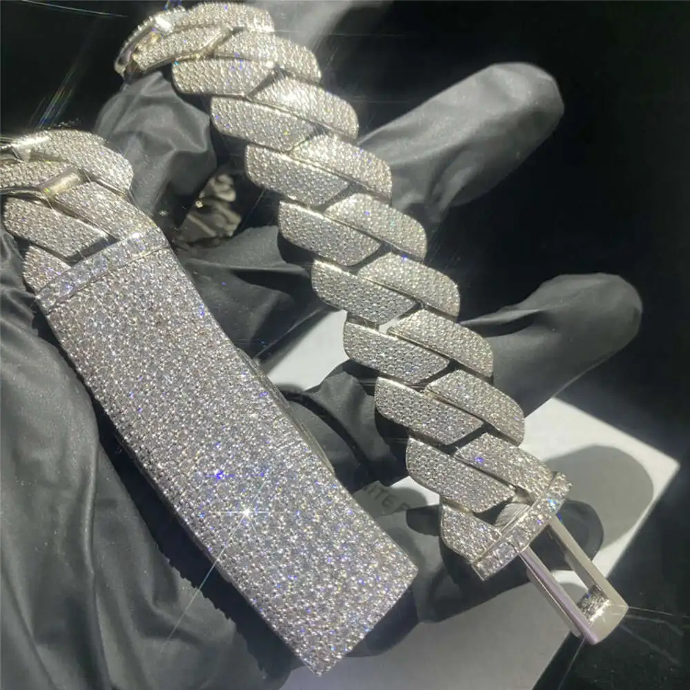 Luxury Hip Hop 20 Mm White Silver Heavy Weight Miami 925 Silver Full Inlaid with Moissanite Diamond Cuban Chain Rapper Necklace