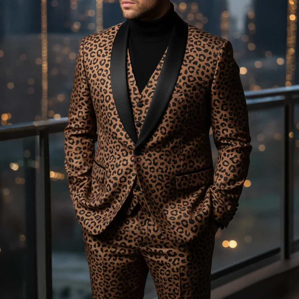 Men's 3-Piece Suit with Leopard Print – Formal Office Attire & Groom's Wedding Tuxedo – Stylish Custom-Tailored Jacket, Trousers