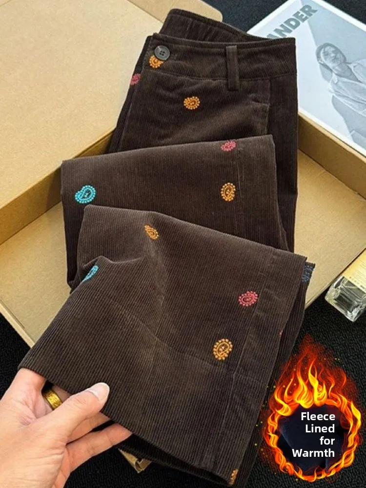 Kaki pantalons décontractés femmes taille haute ample brodé jambe large coupe droite pantalon automne hiver nouveau Sle trajet Sle