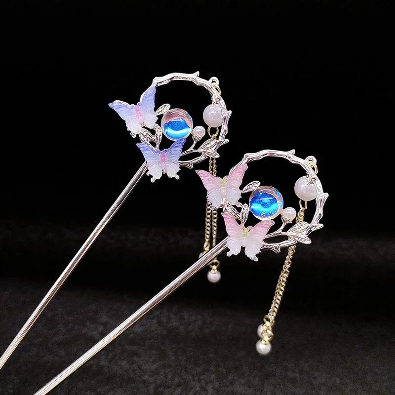 고대 스타일 나비 태슬 머리핀 레트로 니치 고급형 코일 헤어웨어 신중국풍 한복 스텝 쉐이킹 헤어핀