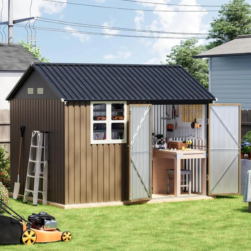 

Update 8x10 FT Outdoor Metal Storage Shed, Single Door, 1 Clear Window, Tool Shed for Garden, Patio, Backyard Brown，Customized