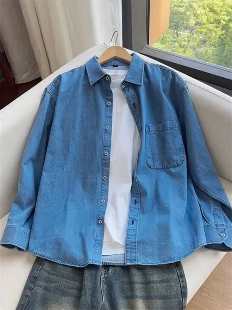 

Голубая мужская джинсовая верхняя одежда Waed irt Long Sve, винтажное американское осеннее повседневное свободное пальто на пуговицах