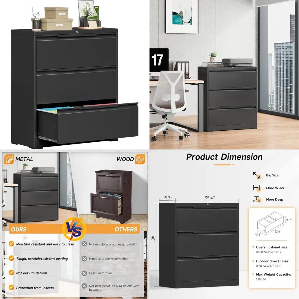 Secure 3-Drawer Metal Lateral File Cabinet for Home and Office, Lockable Steel Storage for Hanging Files, Wide Drawers for Lette