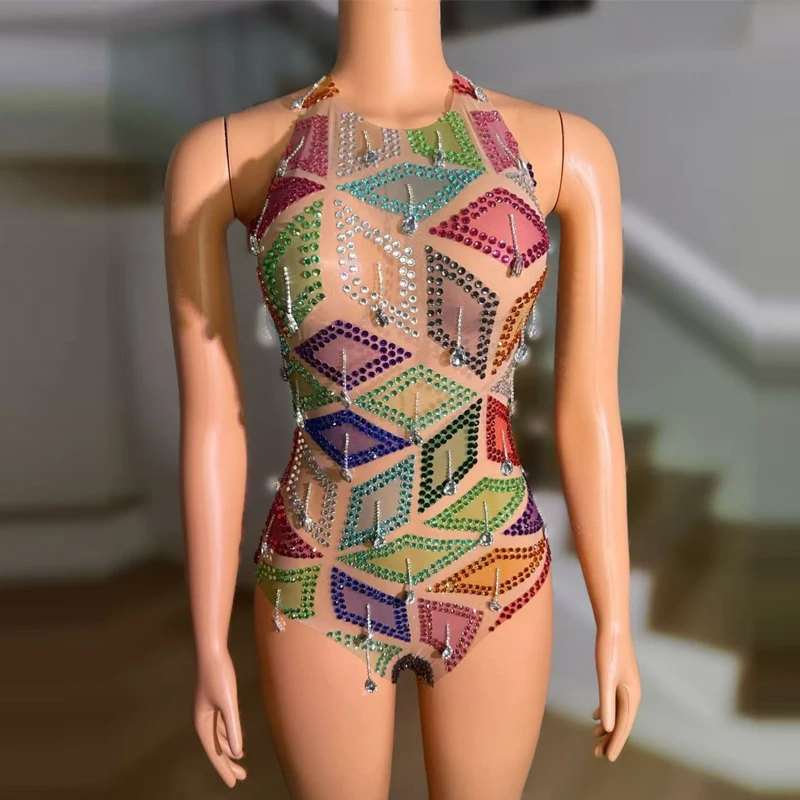 Body con diamantes de imitación coloridos para mujer, vestidos de noche para celebrar, disfraces de baile Gogo, trajes de baile en barra de Halloween, trajes Rave XS9879