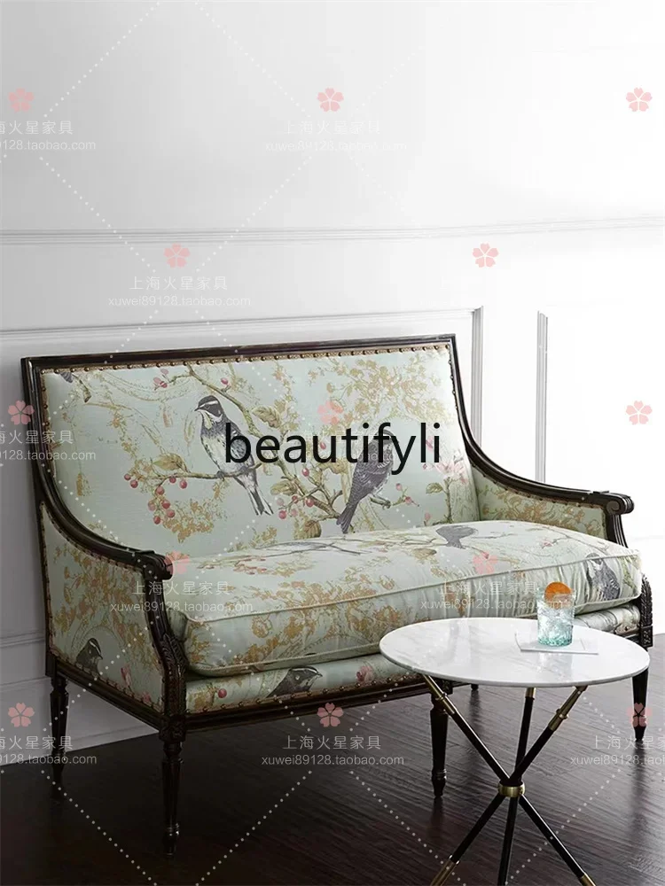 

American rural pastoral simple solid wood double sofa chair French European retro old fabric, sofa9344