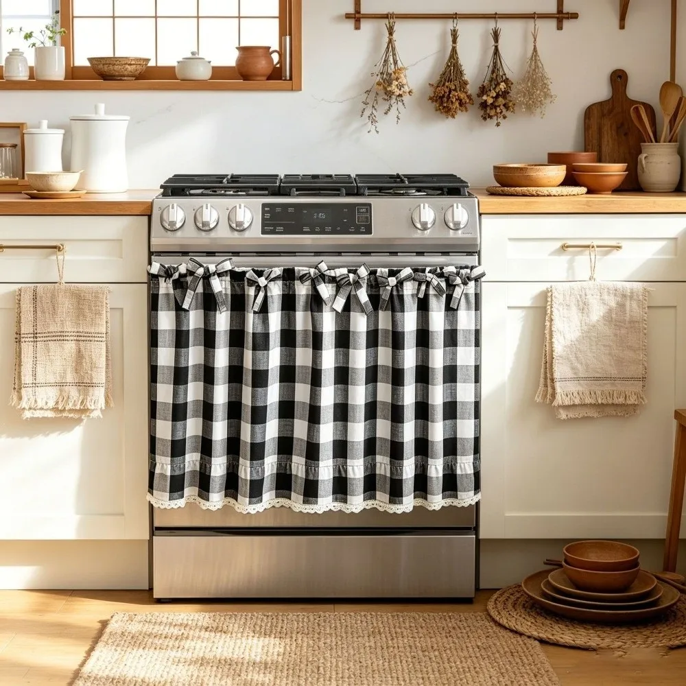 Double Sided Christmas Oven Curtain Gingham Pattern Ruffled Edge Appliance Dust Cover Washable Fabric Dustproof Shield