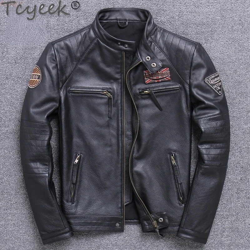 Jacket Genuine Men Natural Cowhide Coat Spring Men's Motorcycle Biker Stand Collar Short Leather Chaquetas Hombre Tide