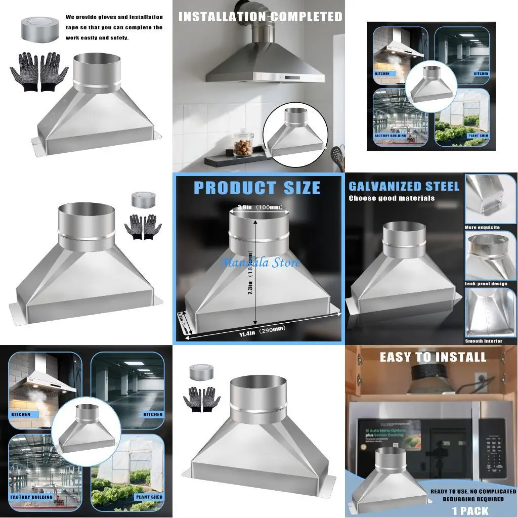 U2JC قناة انتقال عادم الميكروويف 3.25x10 إلى 4 بوصة موصل فولاذي مجلفن مستدير مع شريط التثبيت والقفازات #1