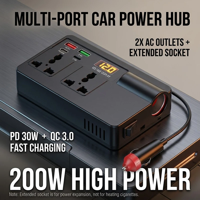 200W Car Power Inverter 12V to 220V Converter with Dual Universal AC Outlets PD30W QC3.0 USB Ports LED Voltage Display