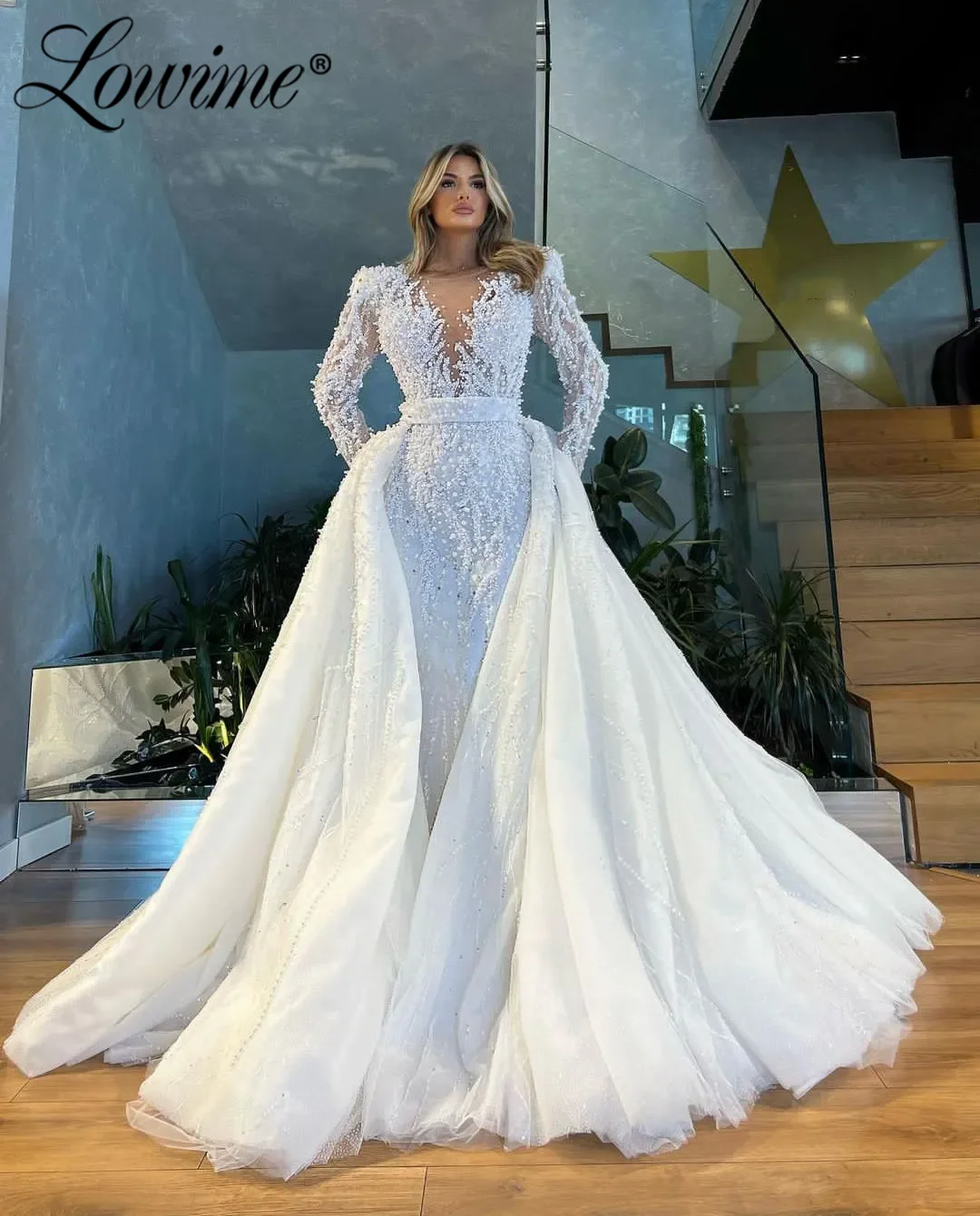 

Two Piece White Prom Dress Customized Pearls Beading Long Sleeve Evening Dresses Arabic Dubai Formal Party Gowns With Overskirt