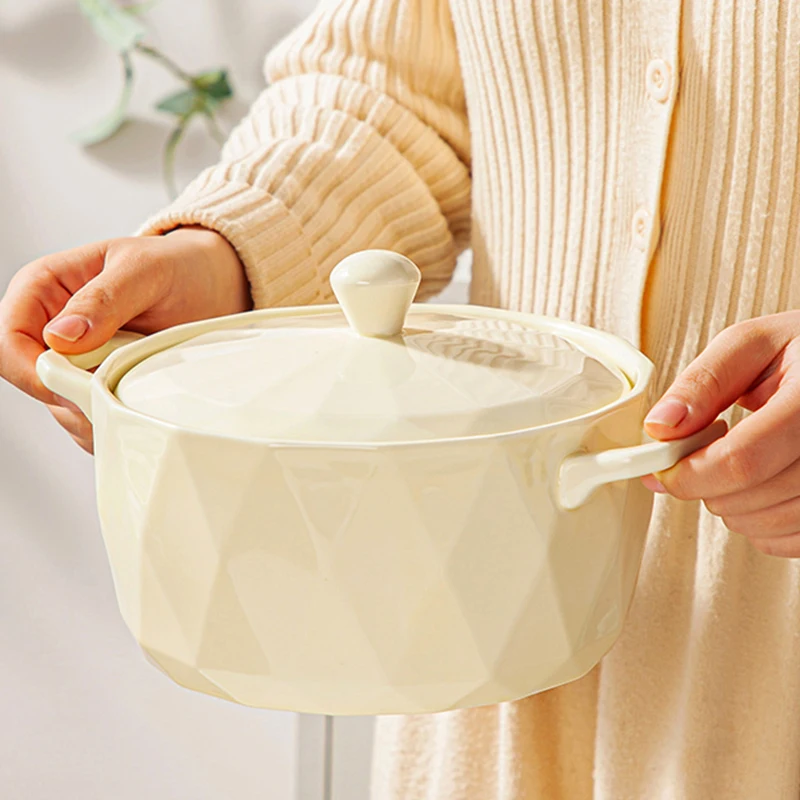 1500 مللي غطاء أطباق سيراميك المنزلية الجديدة كريم الرياح طباعة عالية الجمالية أدوات المائدة الطعام الطفل الكبار الصلبة مقبض وعاء الحساء