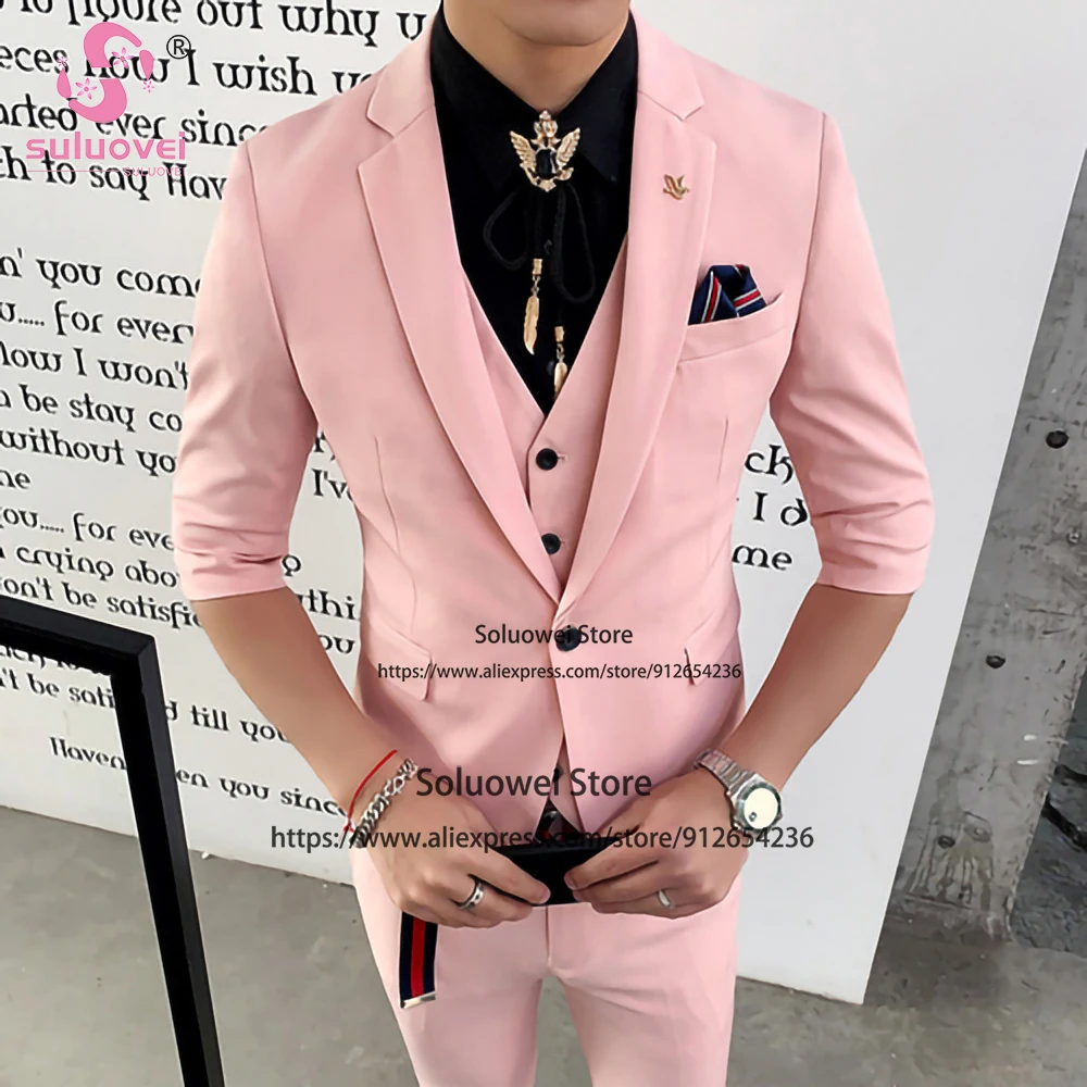 Fashion Korean Style Half Sleeve Suits For Men Slim Fit Custom Made 3 PCS Pants Set Formal Groom Wedding Tuxedo Blazer Masculino