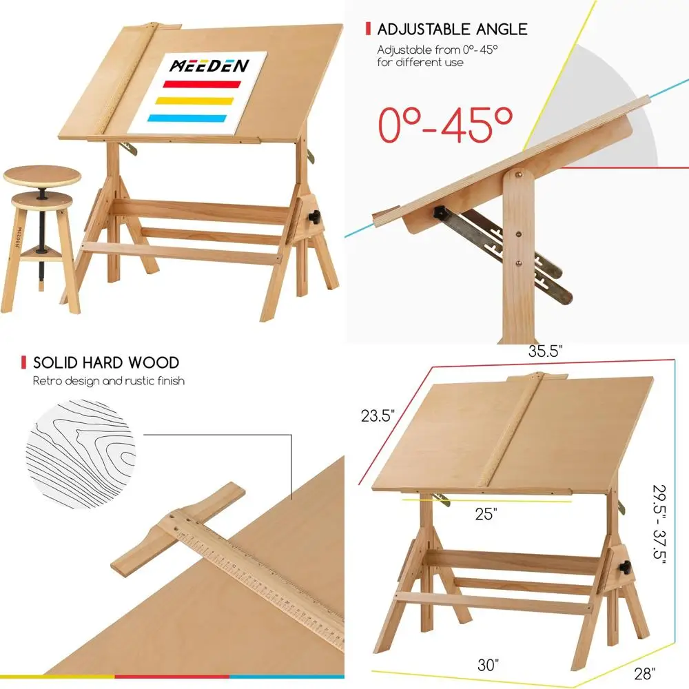 

Adjustable Height Art Drafting Table & Stool Set, Tiltable Workstation for Artists & Graphic Designers