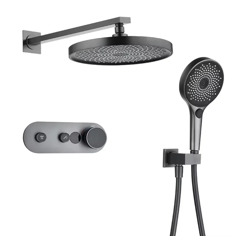 Gun Gray Intelligent Digital Display Hidden Round Shower Head Hot and Cold Water Bathroom Shower Set System