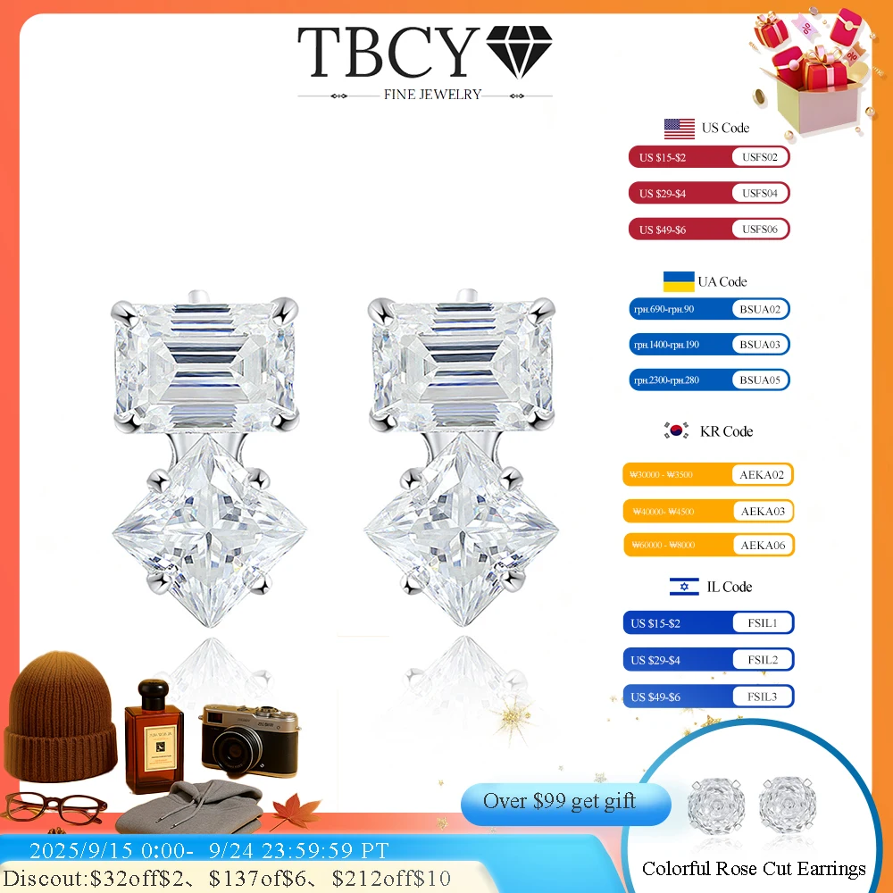 

TBCYD 1CT Princess/Emerald Cut Moissanite Stud Earrings for Women 925 Sterling Silver GRA Certified Classical Party Jewelry
