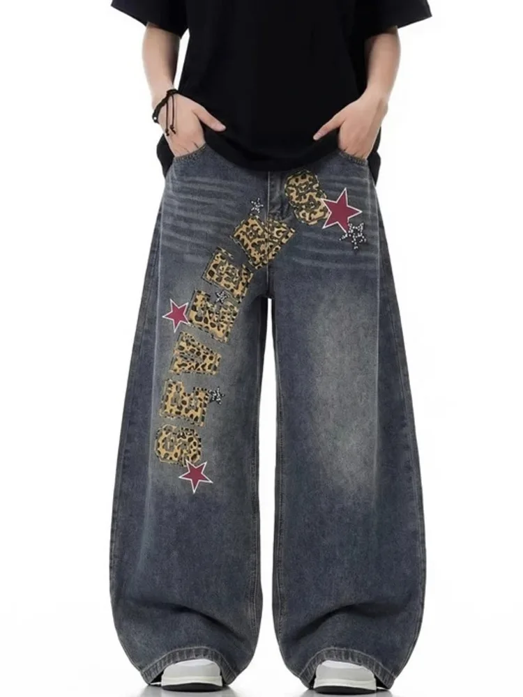 Wide Niche Men's Leg Jeans European Casual Leopard Print Star Applique Vintage Wash Street Style Denim Baggy Pants VO31