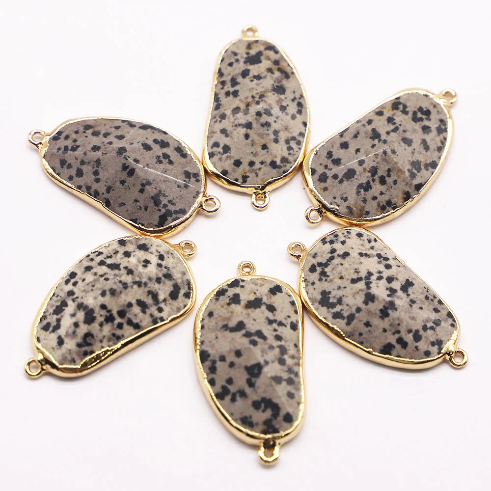 Selling Natural Stone Irregular Dalmatian Jasper Connector Pendant Slice Necklace Gold Plated Edge Charms Jewelry Wholesale 6Pcs