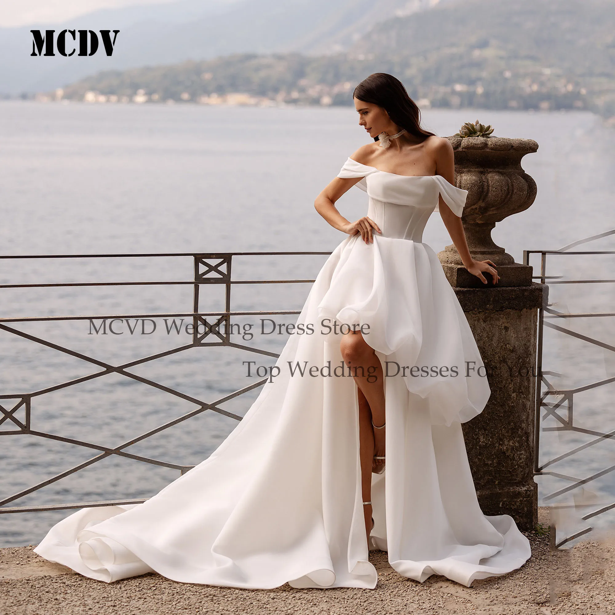 

MCDV Organza Off Shoulder Wedding Dress Elegant Strapless A-Line Sweep Train Bride Gowns For Women Customized vestidos de novia