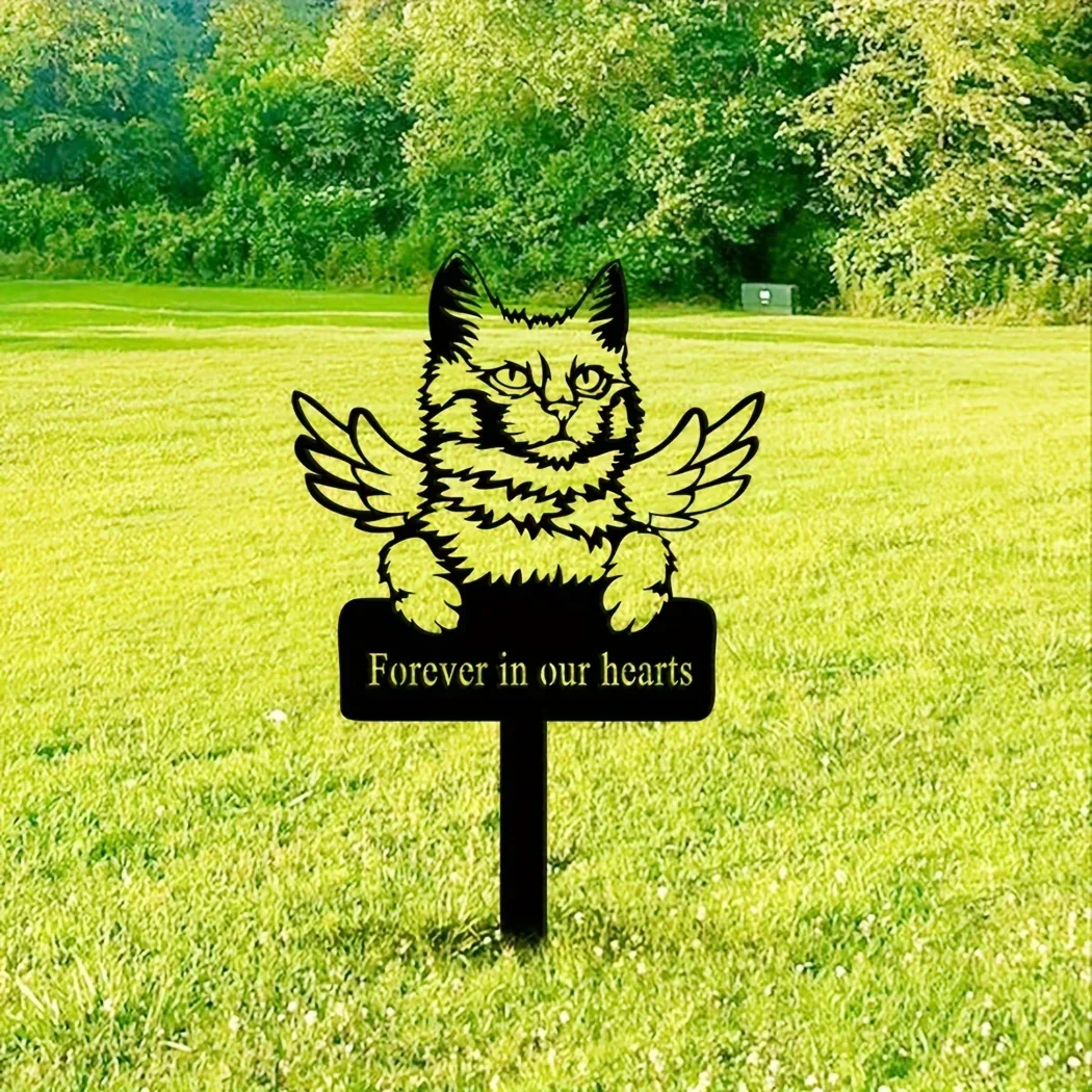 Promotion Turkis Angora Cat Memorial Stake Metal Stake Sympathy Iron Sign Pet Grave Marker Remembrance Stake Black Garden Decora