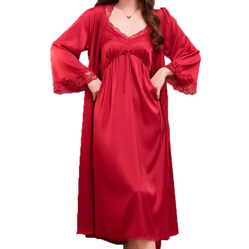 Long Bride Wedding Dress Robe Set Sexy Lace Female 2PCS Sleepwear Nightgown Satin Bathrobe Gown Casual Home Wear Loungewear