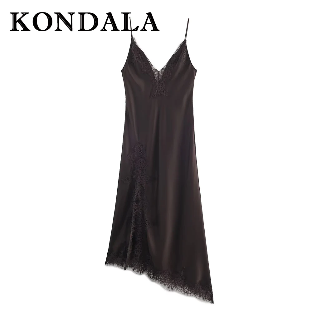 KONDALA فستان كامي نسائي أنيق طويل غير متماثل من الدانتيل موضة 2025 فستان طويل للحفلات المسائية للنوادي بدون أكمام فساتين عصرية