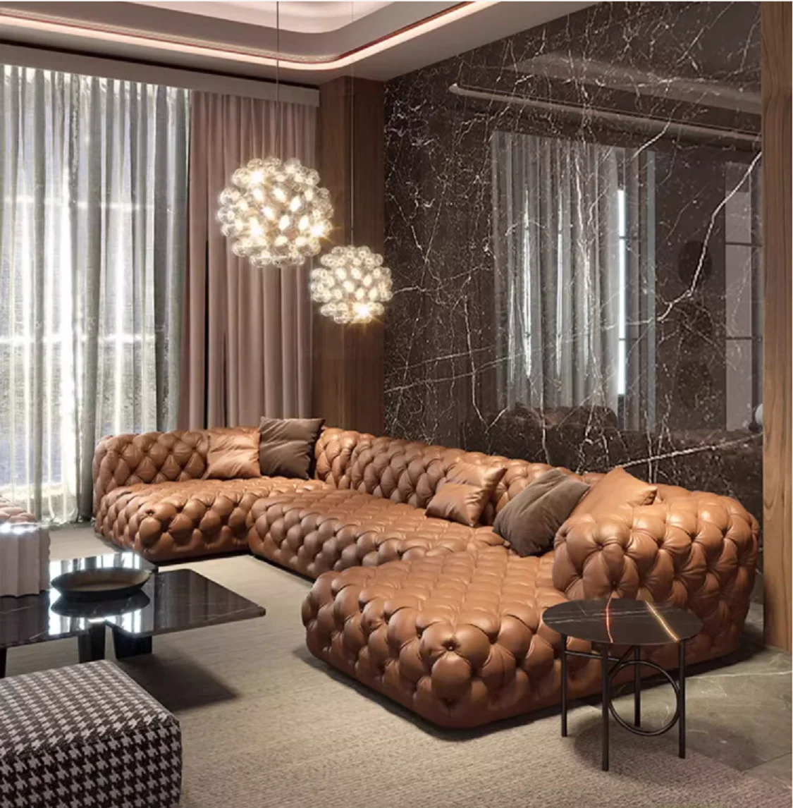 Light luxury U-shaped leather pull-up sofa High-grade brown cowhide leather modern Italian minimalist large flat floor villa sof