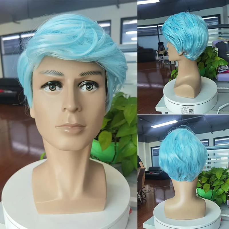 Short Straight Light Blue Wig Synthetic With Bangs Cosplay Halloween Wigs For Men Boy Daily Wear Nature Heat Resistant Fake Hair